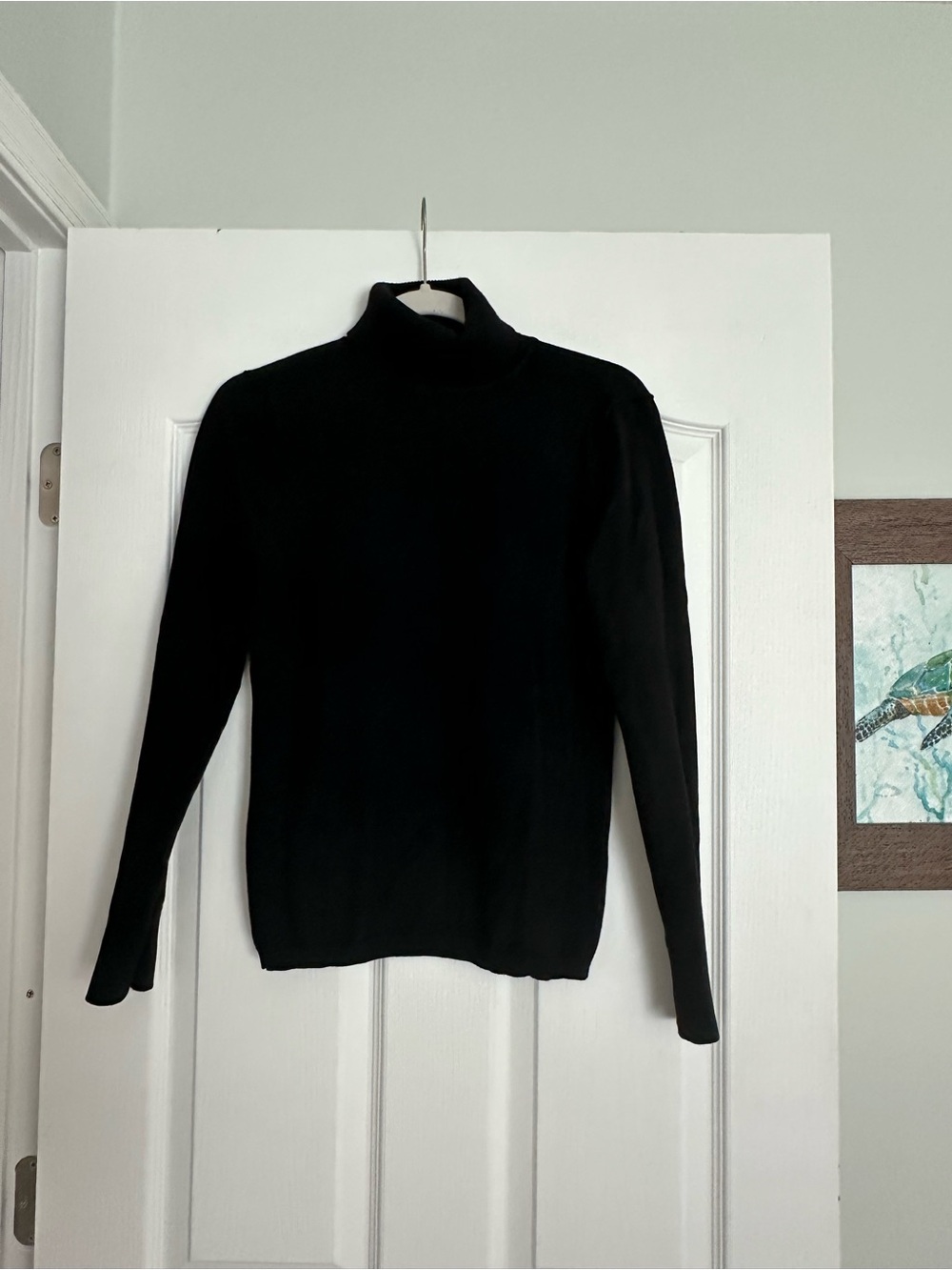 White House Black Market Black Turtleneck Sweater With Gold accents on sleeves. - Picture 2 of 8